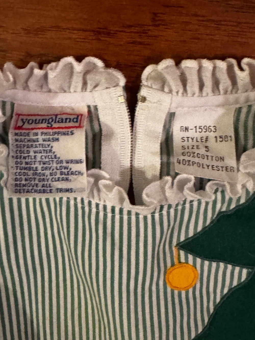 Vintage 1980s Youngland Green White Candy Stripe Christmas Dress - Size 5